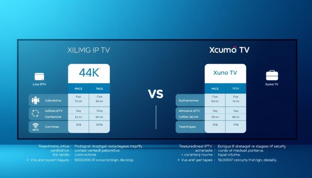 A modern, minimalist infographic showcasing the pricing models of 4K live IPTV and Xumo TV. In the foreground, sleek icons and charts depict the key pricing plans and features of each service. The middle ground features clean typography highlighting the comparative advantages, while the background has a subtle gradient in shades of blue to evoke the digital, streaming-centric nature of the subject matter. The overall tone is one of clarity, balance, and professionalism, suitable for inclusion in a comparative article on the two platforms.