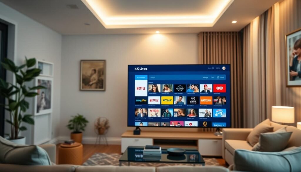 A modern, well-designed IPTV service with a clean, minimalist interface showcasing an array of 4K live channels. The foreground features a smart TV displaying crisp, high-quality video, while the background depicts a cozy living room setup with comfortable furniture and soft, warm lighting. The overall atmosphere conveys a sense of affordable, accessible, and high-quality entertainment at home. The image should emphasize the ease of use and reliable performance of the IPTV service, making it an appealing choice for those seeking a 4K live TV experience without breaking the bank.