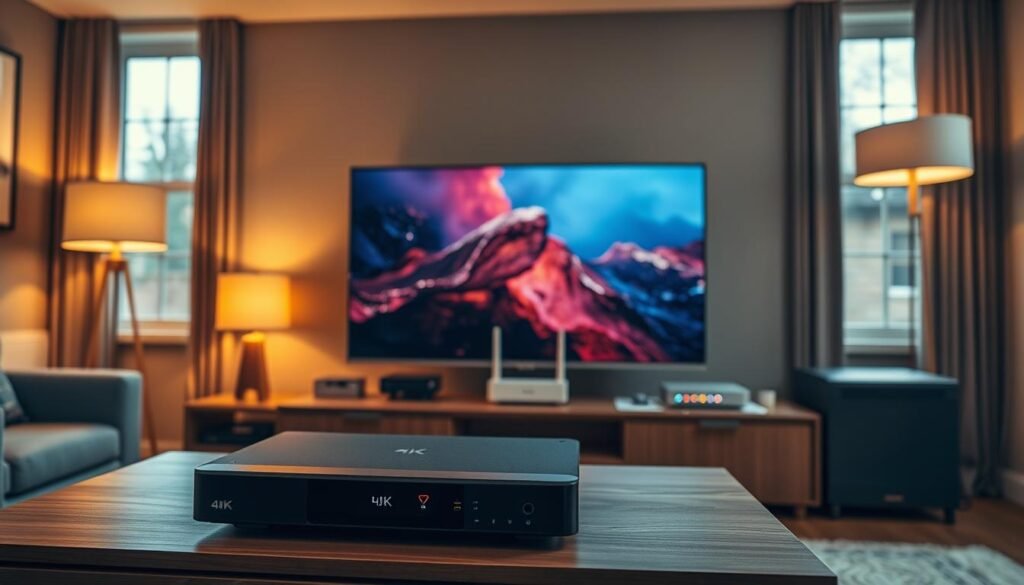 A modern, well-equipped 4K IPTV streaming setup. In the foreground, a sleek 4K HDMI-enabled media player sits atop a high-quality entertainment cabinet, its clean lines and minimalist design complementing the room's contemporary decor. In the middle ground, a 65-inch 4K OLED television dominates the space, its vibrant, lifelike colors and deep blacks creating an immersive viewing experience. Behind it, a high-speed internet router and accompanying networking equipment are neatly arranged, ensuring a reliable, low-latency connection for seamless 4K streaming. Warm, indirect lighting from floor lamps casts a cozy, inviting glow over the entire setup, while large windows in the background flood the room with natural daylight. The overall atmosphere is one of modern sophistication and technological prowess, perfectly suited for a premium 4K IPTV experience.