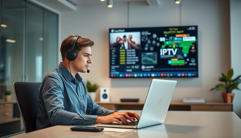 A modern, well-lit office space with a professional-looking customer service representative sitting at a desk, wearing a headset, and working intently on a laptop computer. The background features a large, high-resolution 4K display showcasing a live IPTV feed, conveying the technical nature of the support being provided. The overall atmosphere is one of efficiency, expertise, and a dedication to resolving the user's IPTV issues.
