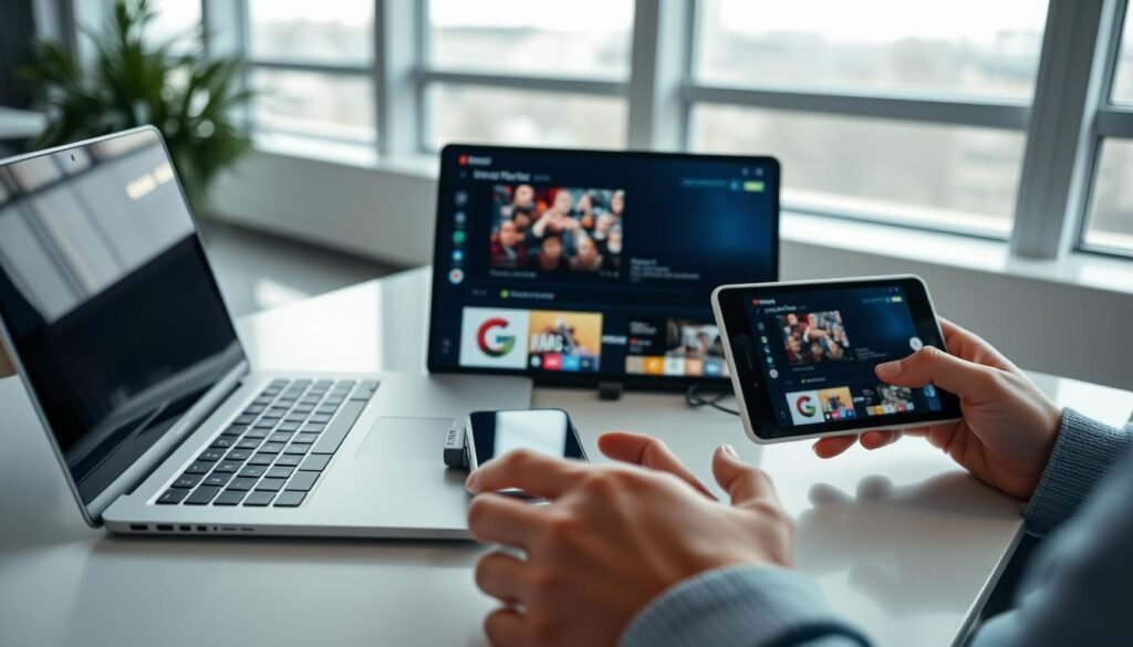 A modern workspace with a laptop, smartphone, and tablet prominently displayed, showcasing the process of importing IPTV links into the Perfect Player interface. The scene is well-lit, with soft natural lighting from large windows. The layout is clean and organized, with the devices positioned in a visually appealing arrangement. The user's hands are visible, interacting with the devices, emphasizing the hands-on nature of the import process. The overall mood is one of efficiency, productivity, and technological sophistication, reflecting the high-quality IPTV experience the article describes.