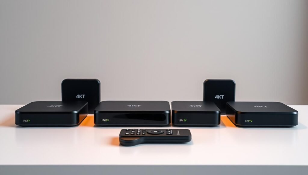 A neatly arranged display of sleek, modern 4K IPTV devices, showcasing their compact designs and LED status indicators. The devices are positioned on a minimalist, white surface, bathed in warm, directional lighting that accentuates their premium textures and finishes. In the middle ground, a 4K IPTV remote control sits alongside the devices, hinting at the advanced functionality and ease of use. The background is a simple, neutral gray, allowing the products to take center stage and creating a professional, high-tech atmosphere suitable for the "Getting Started with 4K Live IPTV" section.