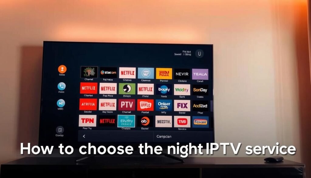 A professional IPTV service lineup displayed on a modern, minimalist TV or display screen. The interface shows a grid of channel logos, program titles, and channel numbers in a clean, organized layout. The screen is illuminated by warm, ambient lighting, creating a comfortable and inviting atmosphere. The image conveys a sense of clarity, simplicity, and ease of navigation, reflecting the "how to choose the right IPTV service" section of the article.