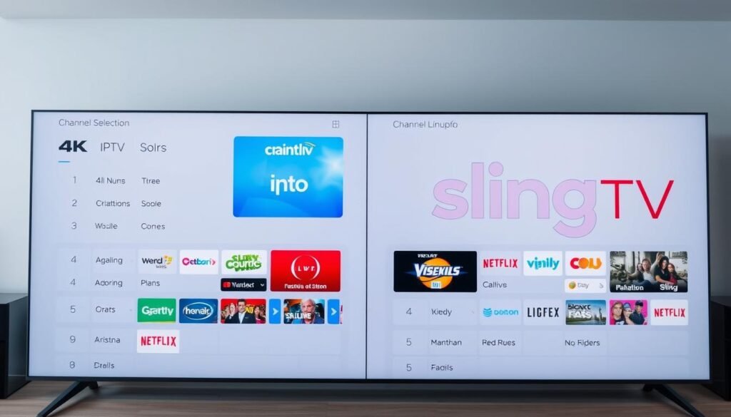 A professional comparison of channel selection between two popular live TV streaming services, 4K IPTV and Sling TV, displayed in a clean, modern layout. The image showcases a side-by-side visual representation of the content offerings and channel lineups for each service, presented in a clear and organized manner. The scene is captured with a high-quality, well-lit photography style, using a wide-angle lens to capture the full breadth of the information. The overall mood is one of informative clarity, allowing the viewer to easily grasp the key differences between the two platforms.