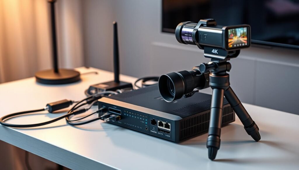 A professional, high-end 4K IPTV streaming setup rests on a sleek, modern desk. The centerpiece is a state-of-the-art 4K streaming box with multiple video inputs, nestled between neatly organized cables and a high-quality network router. Nearby, a high-definition camera on a flexible tripod captures the scene, ready to livestream content in vivid, true-to-life 4K. Soft, indirect lighting illuminates the equipment, creating a warm, inviting atmosphere perfect for an enhanced home entertainment experience.