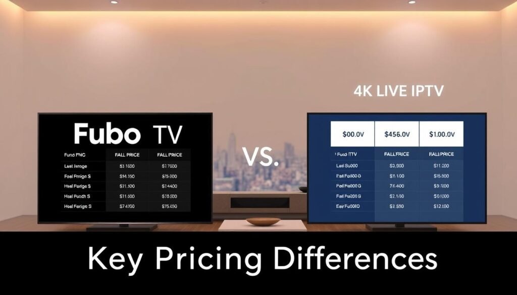 A side-by-side comparison of Fubo TV and 4K Live IPTV pricing plans, showcased against a clean, minimalist background. The foreground features two elegant, high-resolution display panels, one for each service, with their respective pricing details presented in a clear, easy-to-read format. The middle ground shows a sleek, modern living room setting, hinting at the home entertainment experience. The background is a soft, slightly blurred cityscape, evoking a sense of urban sophistication. The overall composition is balanced, with warm lighting and a sophisticated color palette, creating an informative yet visually appealing image suitable for the "Key Pricing Differences" section of the article.