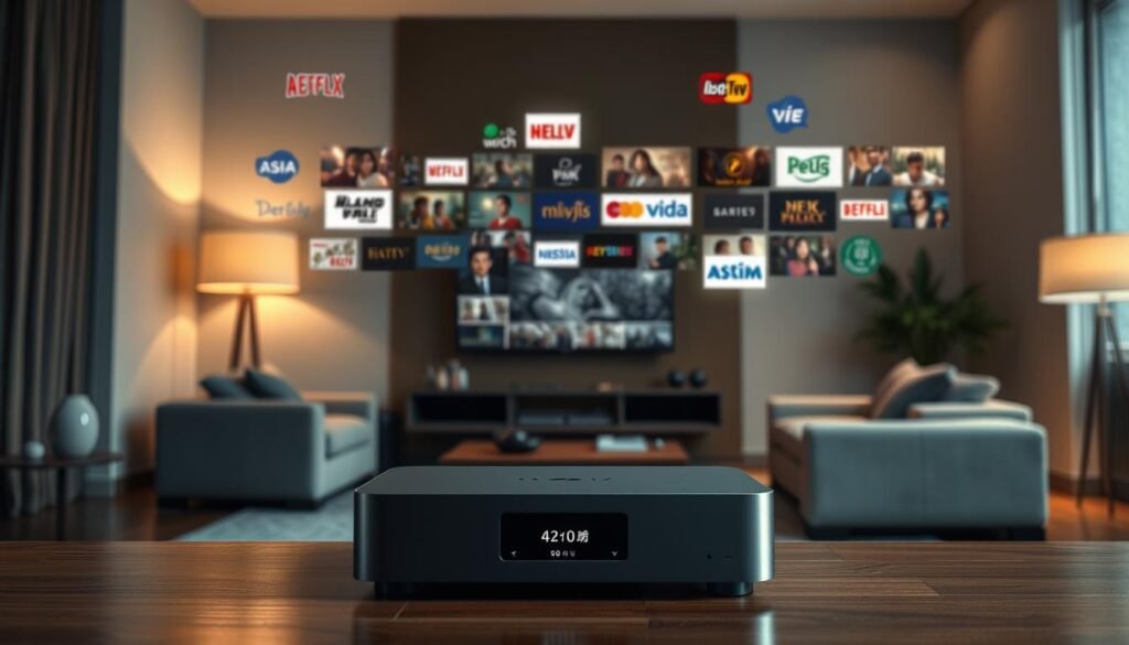A sleek, high-tech 4K IPTV device stands prominently in the foreground, showcasing its clean, minimalist design. In the middle ground, a collage of Asian channel logos and program thumbnails float ethereally, hinting at the diverse content available. The background is a serene, dimly lit living room, creating a cozy, cinematic atmosphere conducive to hours of immersive entertainment. The overall scene exudes a sense of sophistication and convenience, perfectly capturing the key features that discerning IPTV consumers should seek.