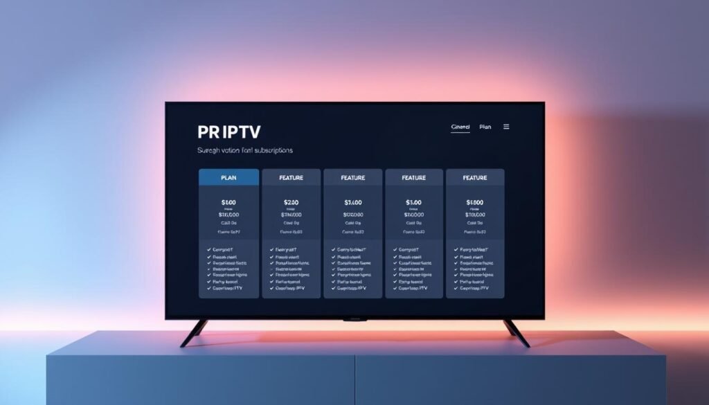 A sleek, minimalist design showcasing IPTV subscription plans on a modern, high-contrast display. The foreground features a grid of plan options with clear pricing and feature details. The background is a soft, blurred gradient, creating a sense of depth and focus on the plan information. Subtle lighting casts a gentle glow, emphasizing the plan details. The overall composition conveys a professional, sophisticated atmosphere suitable for an article on the best features of the IMPlayer IPTV service.