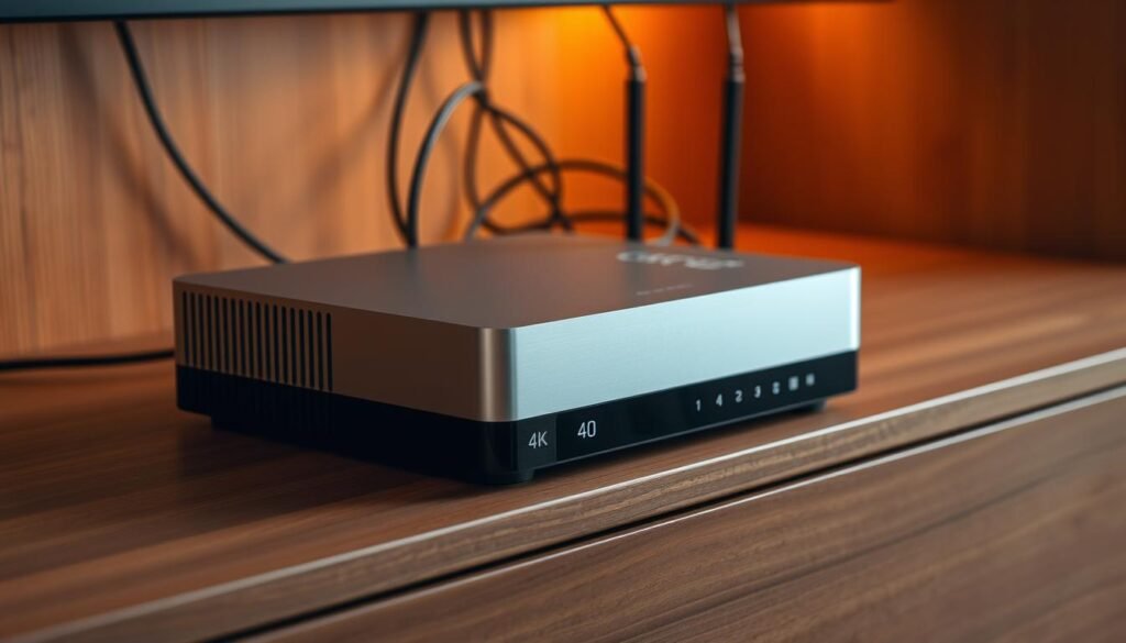 A sleek, modern 4K IPTV set-top box rests on a wood-grain media cabinet. The device is silver and black, with clean lines and a minimalist design. The front panel features a subtle LED indicator and simple controls. Behind the box, a tangle of cables connects it to a high-speed internet router, symbolizing the seamless integration of the IPTV service. Warm, indirect lighting bathes the scene, creating a cozy, inviting atmosphere. The overall impression conveys the ease and convenience of accessing a wide range of 4K Swiss IPTV channels through this compact, state-of-the-art media player.