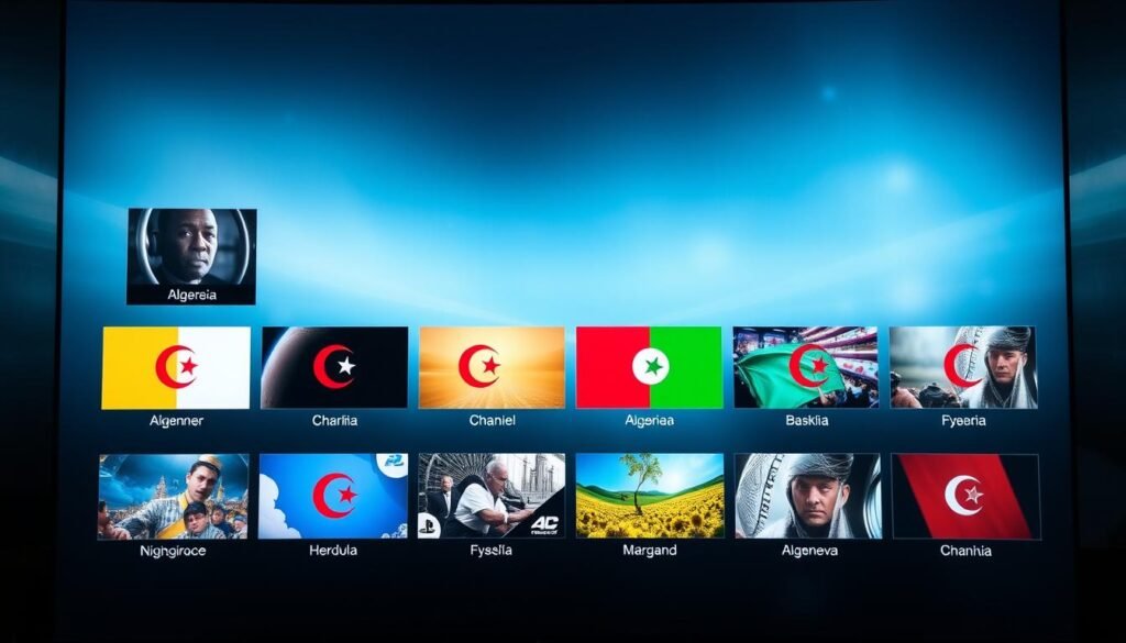 A sleek, modern IPTV interface showcasing a diverse selection of Algerian TV channels in crisp 4K resolution. The layout features intuitive icons and a clean, minimalist design, with a focus on high-quality video playback and seamless user experience. The background evokes a sense of technological sophistication, with subtle gradients and geometric patterns complementing the vibrant channel thumbnails in the foreground. The overall aesthetic conveys the reliability and professionalism of the IPTV service, making it an appealing choice for Algerian viewers seeking a premium live TV solution.