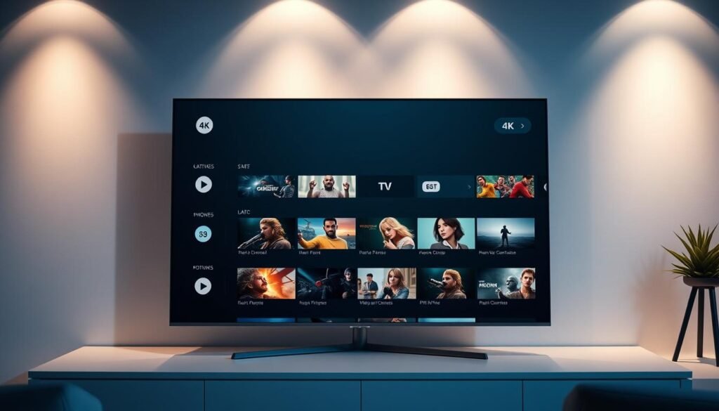 A sleek, modern IPTV interface with a clean, minimalist design. The screen showcases a grid layout of channels and a sidebar navigation menu. The colors are muted and sophisticated, with accents of blues and grays. High-quality 4K video thumbnails are prominently displayed, highlighting the service's HD streaming capabilities. The user interface is intuitive and responsive, with smooth transitions and clear iconography. Soft, directional lighting illuminates the scene, creating a warm and inviting atmosphere. The overall impression is one of a premium, reliable IPTV service that caters to the discerning viewer.