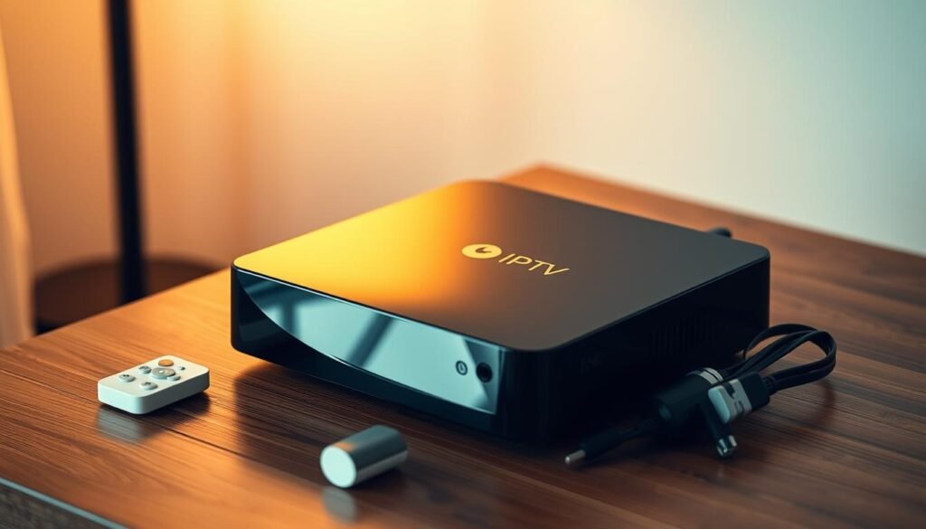 A sleek, modern Turkish IPTV box sits prominently on a minimalist wooden table, its glossy black exterior reflecting the warm, diffused lighting from above. The box's clean lines and subtle curves evoke a sense of high-tech sophistication, hinting at the advanced streaming capabilities within. Beside it, a simple white remote control and a tidy bundle of cables suggest the ease of setup and integration into a home entertainment system. The background fades into a soft, neutral tone, allowing the IPTV box to be the central focus, showcasing its role as the gateway to a world of 4K live Turkish television channels.