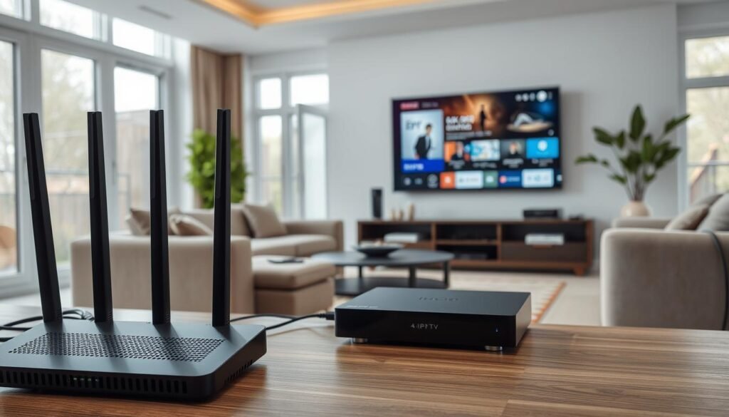 A sleek, modern home network setup with a 4K IPTV system at the center. In the foreground, a router and modem stand prominently, their status lights blinking with activity. Cables snake neatly behind them, leading to an elegant media console where a 4K IPTV box rests, its interface displayed on a large, high-resolution television screen. The middle ground shows a cozy living room, with plush seating and tasteful decor, creating a serene, technology-enabled environment. The background features large windows, allowing natural light to flood the space and highlighting the streamlined, efficient nature of the network. The overall scene conveys a sense of harmony between cutting-edge technology and a comfortable, modern home setting.