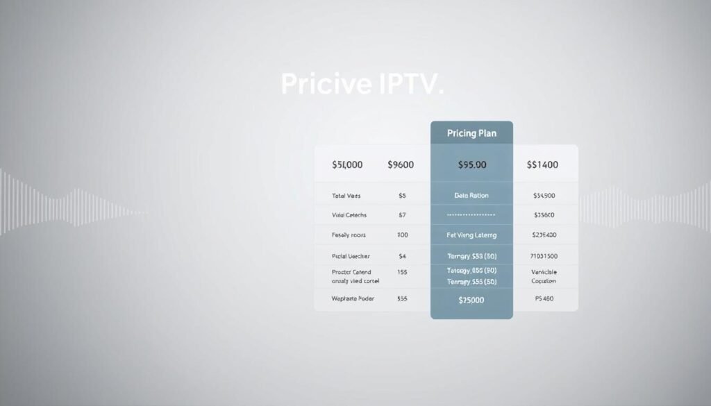 A sleek, modern interface showcasing the pricing plans for a 4K live IPTV service. The foreground features clean typography and simple icons, highlighting the different subscription tiers and their respective features. The middle ground displays the pricing details and comparison charts, using a neutral color palette to keep the focus on the information. The background subtly integrates visual cues related to streaming media, such as waveforms or abstract digital patterns, creating a visually cohesive and professional-looking image. The overall composition is balanced, with ample whitespace to enhance readability and a minimalist aesthetic that complements the topic.