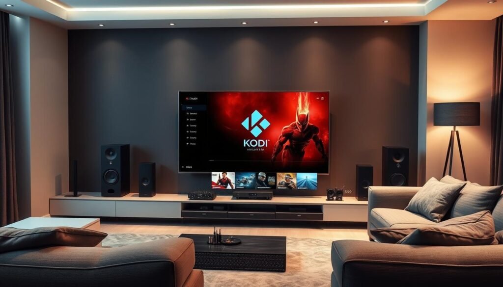 A sleek, modern living room setup with a large 4K TV prominently displayed, surrounded by high-end audio equipment and a Kodi media center interface showcasing rich, vibrant 4K video playback. Soft, diffused lighting creates a cozy, immersive atmosphere, while the composition emphasizes the cinema-quality experience of 4K IPTV streaming through Kodi. The room exudes a sense of technological sophistication and entertainment excellence, inviting the viewer to imagine the ultimate 4K home theater experience.