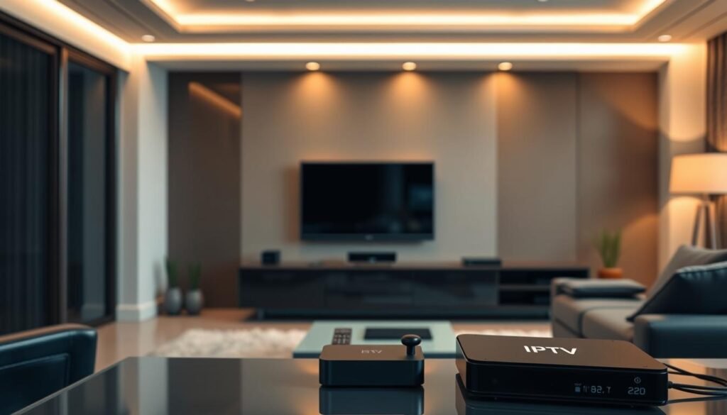 A sleek, modern living room with a large flatscreen TV mounted on the wall. In the foreground, a minimalist, high-end IPTV service provider's logo and branding is prominently displayed on a small device. The middle ground features neatly organized streaming devices, cables, and remote controls, showcasing the ease of setup. The background depicts a cozy, dimly lit space with warm lighting, hinting at the comfortable, safe streaming experience. The overall composition conveys a sense of sophistication, reliability, and user-friendliness for the "best IPTV provider".