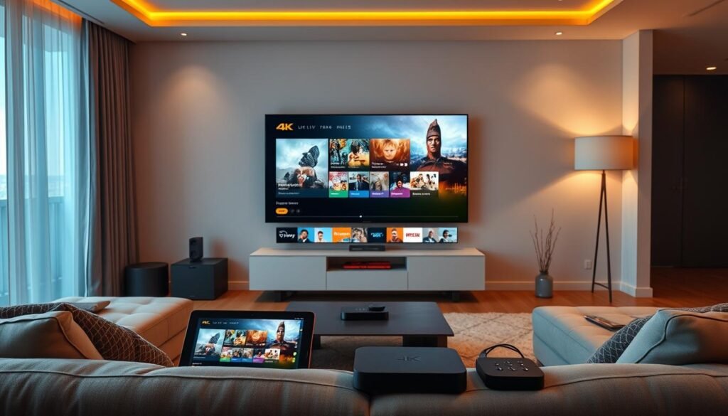 A sleek, modern living room with a large, high-definition 4K IPTV display at the center, surrounded by various smart devices like a tablet, smartphone, and streaming box, all seamlessly connected and showcasing live television content. The room is bathed in warm, ambient lighting, creating a cozy and inviting atmosphere. The devices are arranged in a visually appealing layout, highlighting the ease of access and integration of 4K IPTV technology across multiple platforms. The overall scene conveys the convenience and versatility of 4K live IPTV in a contemporary, technology-driven home setting.