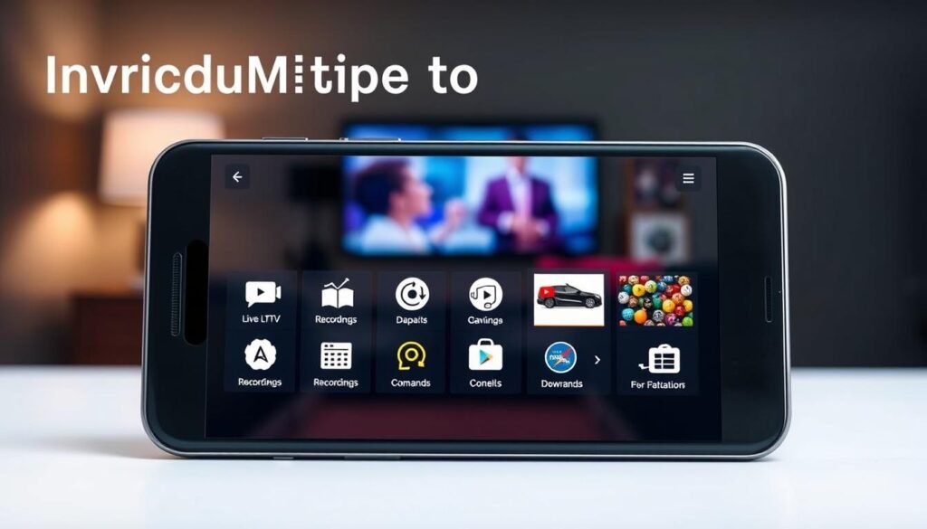 A sleek, modern-looking smartphone or tablet display showcasing the key features of the TiviMate IPTV player app. The foreground features clean icons and intuitive UI elements, highlighting the user-friendly interface and various functionalities like live TV channels, recordings, and on-demand content. The middle ground includes a blurred backdrop of a living room setting, suggesting the app's integration with home entertainment systems. The background has a subtle gradient or texture, creating a sense of depth and professionalism. The overall composition conveys the versatility, accessibility, and premium quality of the TiviMate app, making it an ideal visual representation for the "Introduction to TiviMate" section of the article.