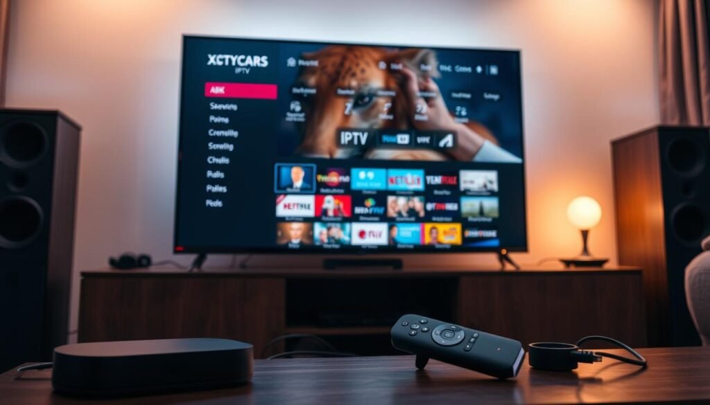 A sleek, modern setup displaying the Xtream Codes IPTV interface on a large 4K television screen. The screen shows a crisp, detailed user interface with menus, program listings, and live video streams. In the foreground, a high-end streaming device such as a Nvidia Shield or Roku sits next to a sturdy media cabinet. Warm, ambient lighting creates a cozy, inviting atmosphere, while strategically placed cables and peripherals suggest a professional, well-organized media setup. The overall scene conveys the ease and sophistication of setting up a top-tier 4K IPTV experience with Xtream Codes.
