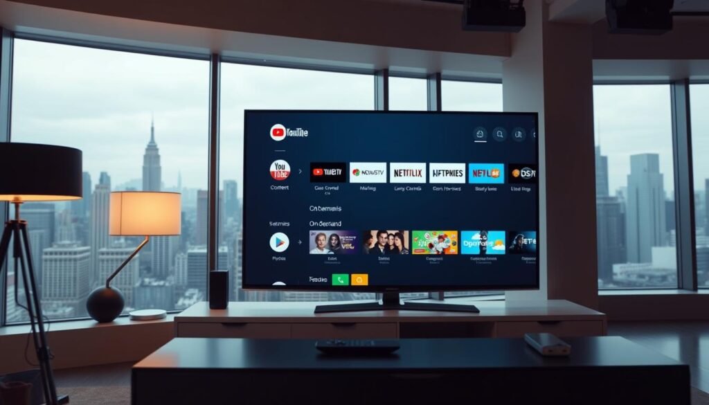 A sleek, modern studio set with a large flatscreen TV displaying the YouTube TV interface. The TV screen shows a clean, intuitive layout with various content categories, live channels, and on-demand options. The foreground features a minimalist media console with a remote control and a stylish lamp providing soft, warm lighting. The background has a large window overlooking a bustling city skyline, creating a sense of urban sophistication. The overall mood is one of technological elegance and user-friendly functionality, perfectly suited for an article introducing the features of YouTube TV.