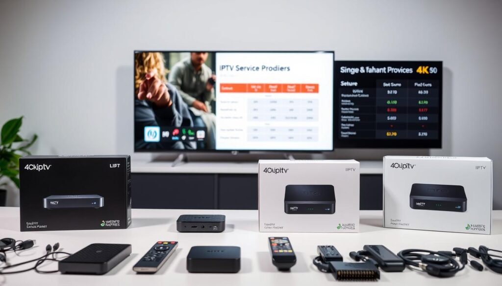 A studio-lit table display featuring four boxes representing 4K IPTV service providers. The boxes have minimalist designs with clear visual cues like logos, device icons, and connection types. In the foreground, an array of contemporary remote controls, streaming devices, and cables suggest the setup and connectivity options. The middle ground showcases two display screens, one showing a live 4K video feed, the other displaying a comparison chart of the providers' features and pricing. The background has a subtle, clean gradient to focus attention on the central product and service comparison.