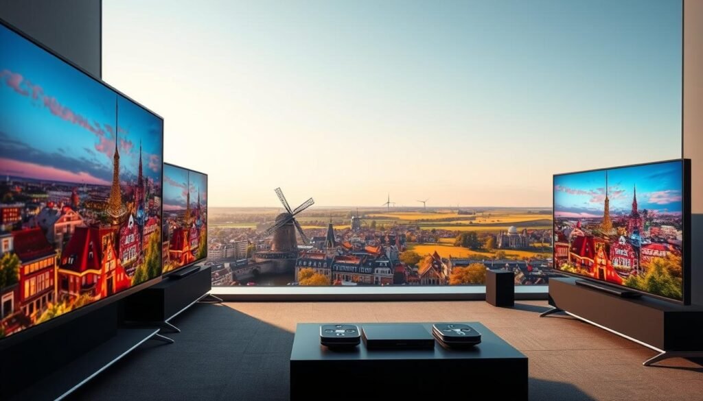 A stunning 4K Dutch TV stream landscape, showcasing vibrant colors and crystal-clear details. In the foreground, an array of modern, sleek television sets display vivid, immersive content, their screens reflecting the dynamic scenery outside. The middle ground features a cityscape of Amsterdam, with iconic Dutch architecture and landmarks bathed in warm, golden lighting. In the background, a picturesque countryside emerges, with rolling hills, windmills, and a vast, cloudless sky. The overall atmosphere is one of technological sophistication, cultural richness, and natural beauty, perfectly capturing the essence of enhancing the IPTV experience in the Netherlands.
