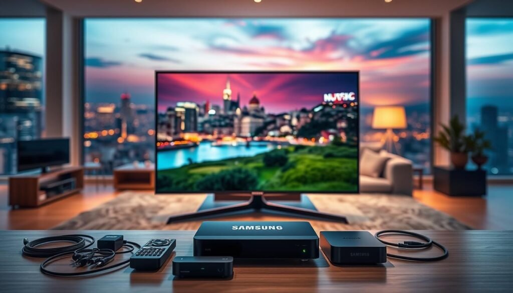 A stunning 4K IPTV streaming setup, showcasing the latest in high-quality home entertainment. In the foreground, a sleek, modern Samsung TV dominates the scene, its crisp display rendering vivid, lifelike images. Surrounding the TV, a tidy arrangement of streaming devices, cables, and remotes, all seamlessly integrated for a streamlined user experience. In the middle ground, a cozy living room environment, with plush seating and warm, inviting lighting that sets the mood for an immersive viewing session. In the background, a stylized cityscape or natural landscape, hinting at the vast array of content available through these powerful 4K IPTV services. The overall atmosphere is one of technological sophistication, comfort, and the promise of an enhanced streaming experience.