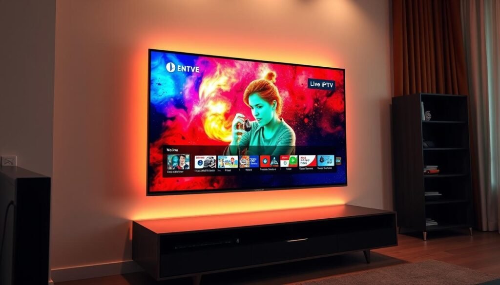 A stunning 4K ultra-high-definition television set, its sleek and modern frame housing a vibrant, high-contrast display. The screen depicts a vivid, immersive live IPTV stream, showcasing the rich colors and detailed clarity of Mexican television channels. Soft, diffused lighting illuminates the scene, creating a warm and inviting atmosphere. The television is positioned prominently, drawing the viewer's attention to the exceptional visual quality and the promise of an unparalleled entertainment experience.