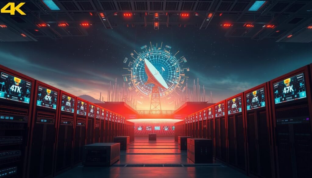 A vast 4K IPTV landscape, with sleek digital receivers and server racks in the foreground, bathed in a warm, futuristic glow. In the middle ground, a dynamic data visualization pulses with real-time channel information, while in the background, a towering satellite dish towers above, symbolizing the cutting-edge technology powering this immersive live television experience. The scene is imbued with a sense of technological prowess and seamless connectivity, capturing the essence of 4K Live IPTV in all its high-definition glory.