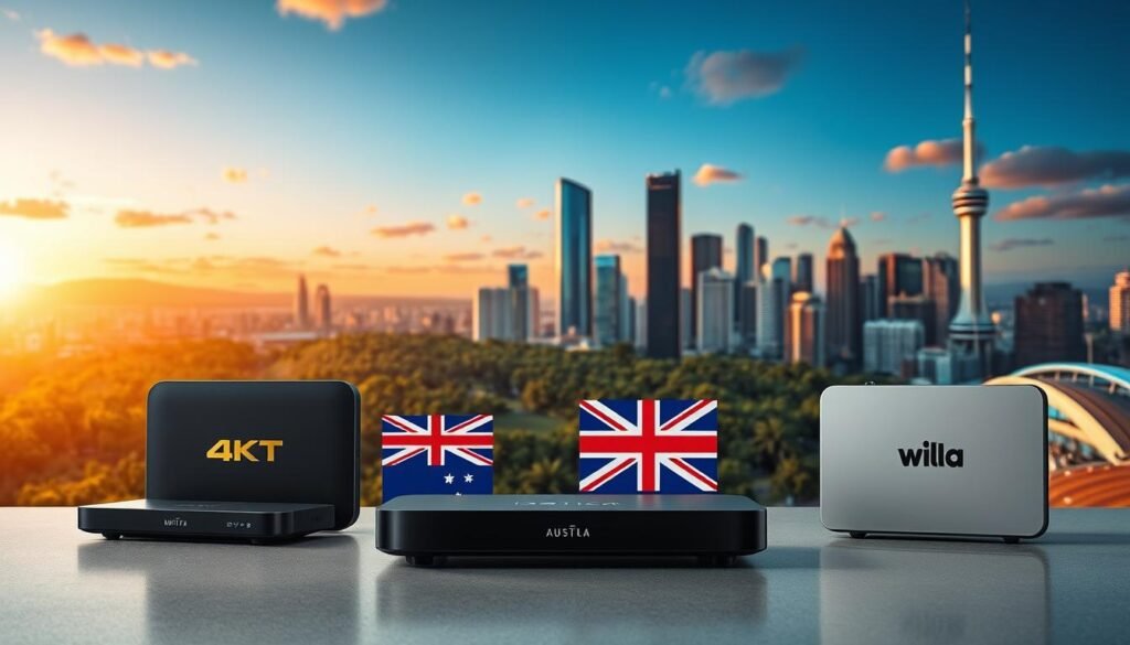 A vibrant 4K IPTV landscape showcasing Australia's top live streaming providers. In the foreground, sleek modern devices emblazoned with prominent brand logos stand ready to deliver premium content. The middle ground features lush cityscapes and iconic landmarks, hinting at the diverse local channels available. The background glows with a warm, cinematic lighting, creating a sense of premium quality and reliability. The overall composition conveys the idea of a comprehensive, high-end IPTV solution tailored specifically for the Australian market.