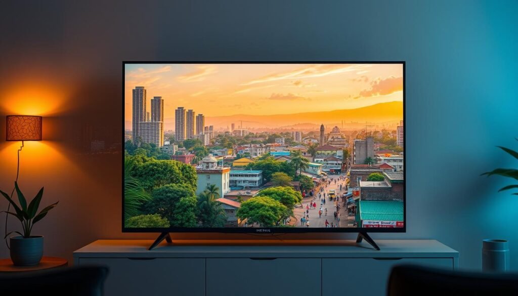 A vibrant 4K landscape showcasing the beauty of Kenyan channels, with a sleek modern television set at the center. The screen displays crisp, vivid imagery of a bustling Kenyan cityscape, complete with towering skyscrapers, lush greenery, and a vibrant street scene. Soft, warm lighting illuminates the scene, creating a cozy and inviting atmosphere. The television's design is minimalist and sophisticated, seamlessly blending into the environment. The overall composition emphasizes the clarity and richness of the 4K viewing experience, highlighting the benefits of watching Kenyan content in the highest available resolution.