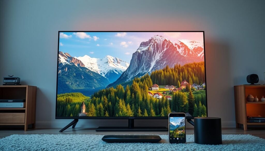 A vibrant 4K live IPTV display showcasing the best of Austrian television channels. A sleek, modern television set takes center stage, its screen alive with crisp, vivid imagery of a scenic Austrian landscape, complete with snow-capped mountains, lush forests, and quaint villages. The lighting is natural and diffused, creating a warm, inviting atmosphere. The scene is captured from a slightly elevated angle, giving a sense of depth and immersion. In the foreground, various IPTV-enabled devices, such as a smart TV, tablet, and smartphone, demonstrate the versatility and accessibility of this premium content delivery system. The overall composition highlights the exceptional quality, convenience, and the unique German-language programming that makes 4K Live IPTV for Austrian channels a compelling choice.