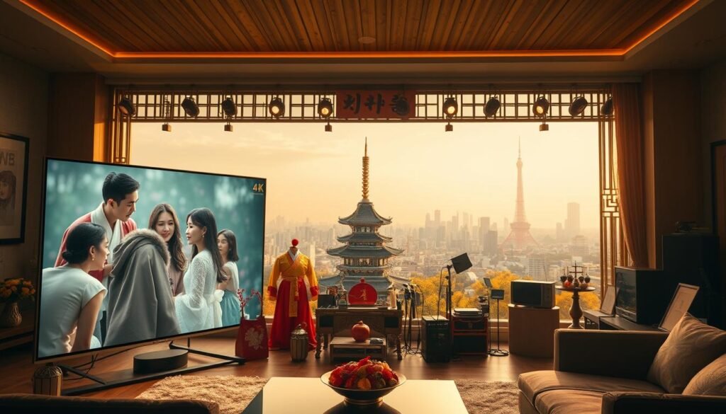 A vibrant 4K scene depicting the essence of Korean cultural content. In the foreground, a large 4K OLED TV displays a captivating K-drama, the characters immersed in an intricate storyline. In the middle ground, a collection of Korean variety show props and set pieces, showcasing the country's unique entertainment industry. The background features a panoramic view of Seoul's skyline, with the iconic N Seoul Tower standing tall, bathed in warm, golden lighting that creates a sense of cultural richness. The atmosphere is one of immersion, inviting the viewer to experience the depth and diversity of Korean IPTV content.