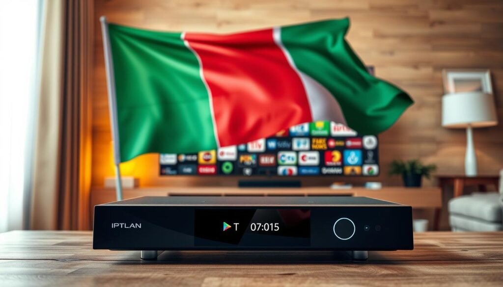 A vibrant Italian flag unfurls in the center, highlighting the prominence of Italian channels. In the foreground, a sleek IPTV device sits atop a contemporary wooden table, its interface showcasing a diverse selection of Italian programming options. The middle ground features a collage of popular Italian TV network logos, creating a sense of authenticity. The background is bathed in a warm, inviting glow, evocative of the cozy atmosphere of an Italian living room. The overall composition conveys the idea of a high-quality, reliable IPTV service tailored specifically for Italian channel enthusiasts.