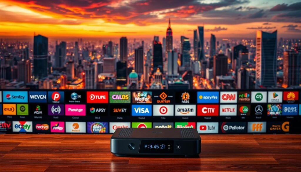 A vibrant and cinematic image showcasing a selection of African IPTV channels. In the foreground, a sleek and modern IPTV box sits on a wooden table, its display illuminated with a diverse array of channel logos. The middle ground features a grid of high-definition channel icons, each one a window into the rich tapestry of African culture and entertainment. In the background, a panoramic view of a bustling African city skyline, with towering skyscrapers and vibrant hues that evoke a sense of energy and progress. The lighting is warm and inviting, creating a welcoming atmosphere that captures the essence of the best IPTV providers serving the African market.