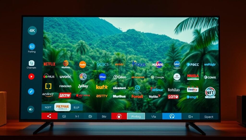 A vibrant and dynamic 4K IPTV interface showcasing a diverse array of popular Philippine television channels. The foreground features a sleek, modern UI design with crisp icons and intuitive navigation controls. In the middle ground, a curated selection of channel logos and brand identities are prominently displayed, highlighting the breadth of entertainment options available. The background depicts a lush, verdant tropical landscape, evoking the lush natural beauty of the Philippines. Warm, diffused lighting creates a sense of comfort and immersion, while a shallow depth of field draws the viewer's attention to the central UI elements. The overall mood is one of premium quality, cultural richness, and technological sophistication - perfectly suited to showcase the best of Philippine IPTV entertainment.