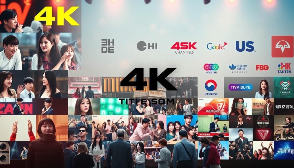 A vibrant and dynamic collage showcasing the top 4K Korean channels available online. In the foreground, vivid scenes from beloved K-dramas unfold, capturing the essence of gripping storytelling and captivating characters. In the middle ground, a tapestry of variety show highlights showcases the boundless creativity and entertaining talents of Korean television. The background features the logos and branding of the most popular 4K Korean channels, presented in a sleek and modern layout that evokes a sense of high-quality digital streaming. Illuminated by warm, cinematic lighting and captured with a wide-angle lens, the image conveys the immersive and visually stunning experience of accessing the best of Korean entertainment in stunning 4K resolution.