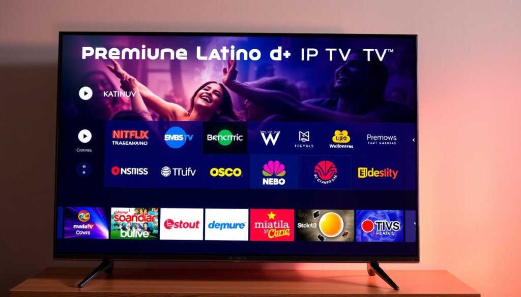 A vibrant and dynamic display of premium Latino IPTV channels, showcasing a diverse array of captivating content. The foreground features a sleek, 4K smart TV screen, its display illuminated by a warm, cinematic lighting that sets the mood. The middle ground showcases a curated selection of channel logos, each representing the rich tapestry of Spanish-language entertainment, from lively news broadcasts to captivating telenovelas. The background blends a subtle, gradient-like pattern, hinting at the depth and breadth of the programming available. The overall composition conveys a sense of premium quality, technological sophistication, and the promise of a truly immersive viewing experience for the discerning Latino audience.