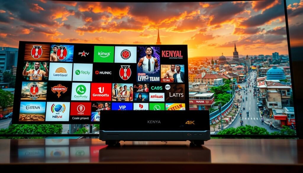 A vibrant and dynamic landscape showcasing the diversity of Kenyan television channels. In the foreground, a sleek and modern IPTV device prominently displays a selection of popular Kenyan channels, its crisp 4K resolution bringing the content to life. In the middle ground, a collage of channel logos and program thumbnails, each one a testament to the rich cultural heritage and local entertainment that these providers offer. The background is a vibrant and colorful cityscape, with iconic Kenyan landmarks and bustling streets, hinting at the vibrant energy and community that these IPTV services cater to. The overall scene is captured with a cinematic, wide-angle lens, creating a sense of depth and immersion, inviting the viewer to explore the best 4K live IPTV options for accessing Kenyan channels and local content.