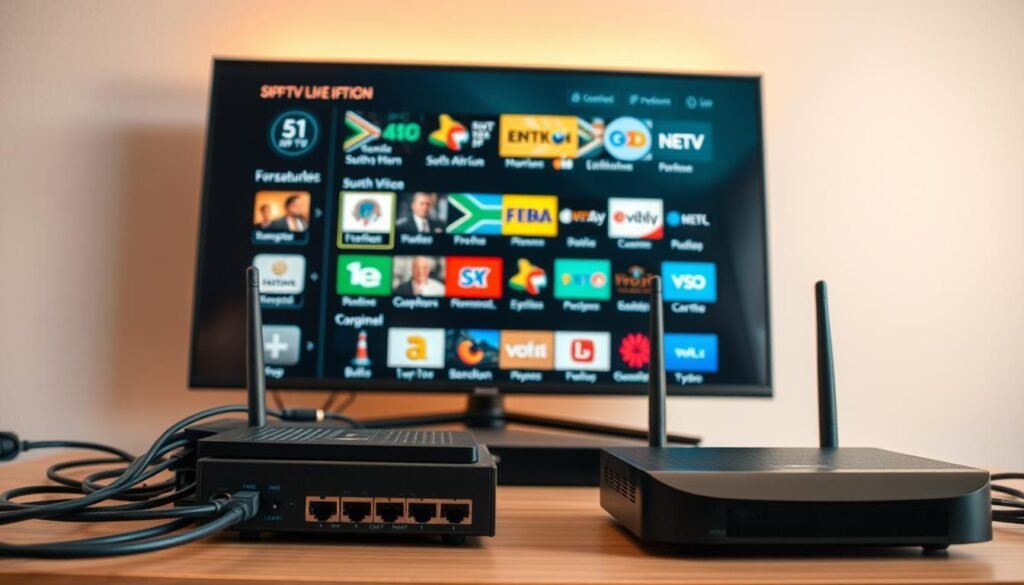 A vibrant and technologically-advanced 4K live IPTV streaming setup. In the foreground, a sleek streaming device with a crisp, high-definition display showcasing a diverse array of South African channel options. Surrounding it, a tidy arrangement of networking equipment, including a modern router and ethernet cables, all bathed in a warm, diffused lighting. In the background, a minimalist, monochromatic wall provides a clean, sophisticated backdrop, emphasizing the cutting-edge nature of the IPTV system. The overall scene conveys a sense of efficiency, reliability, and the pinnacle of contemporary digital entertainment.
