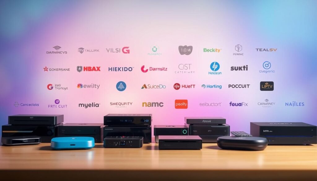 A vibrant and visually captivating scene showcasing the top IPTV providers. In the foreground, an array of modern streaming devices, each with a distinctive design, are neatly arranged. The middle ground features various logos and brand identities of leading IPTV service providers, rendered in a clean, minimalist style. The background is a soft, blurred gradient, creating a sense of depth and focus on the central elements. The overall composition conveys a sense of professionalism, innovation, and the wide range of options available to the discerning IPTV user.