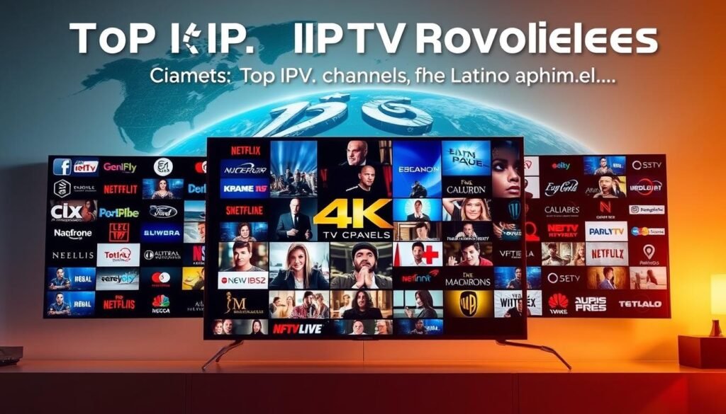 A vibrant and visually engaging image showcasing the top IPTV providers for Latino channels. The foreground features a collage of logos and brand identities of leading IPTV services catering to the Spanish-speaking audience, displayed in a clean, modern arrangement. The middle ground depicts a dynamic array of 4K video content, representing the high-quality live TV channels available through these IPTV platforms. The background subtly evokes a sense of global connectivity, with a world map or satellite imagery hinting at the wide reach and accessibility of these services. Warm, saturated colors and sharp, crisp details create an inviting and professional atmosphere, showcasing the premium nature of the IPTV offerings.