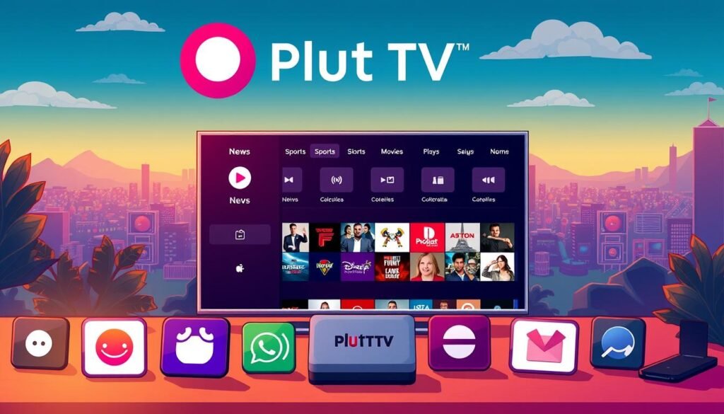 A vibrant, detailed illustration showcasing the key features of Pluto TV, a free streaming platform. In the foreground, various Pluto TV app icons and logos are prominently displayed, highlighting the diverse content offerings across news, sports, movies, and TV shows. The middle ground features a sleek, modern UI of the Pluto TV interface, with clean typography and intuitive navigation elements. In the background, a cityscape or landscape sets the scene, evoking a sense of the wide range of entertainment options available through Pluto TV's expansive library. The image is bathed in warm, inviting lighting, conveying the accessibility and user-friendly nature of this free streaming alternative.