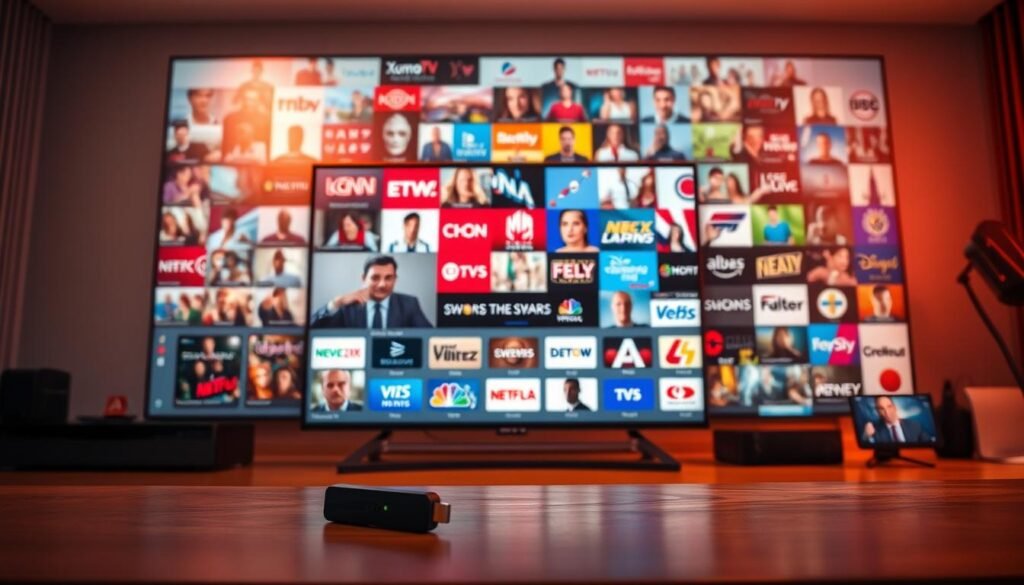A vibrant, high-quality image showcasing the key features and channel lineup of Xumo TV. In the foreground, display a sleek, modern Xumo TV interface with a clean, minimalist design, highlighting the diverse range of on-demand and live content. In the middle ground, depict a variety of Xumo TV-compatible devices, such as smart TVs, streaming sticks, and mobile devices, to convey the platform's cross-device accessibility. In the background, incorporate a collage of Xumo TV's extensive channel selection, including popular news, entertainment, and sports networks, rendered in a stylized, visually striking manner. Utilize warm, inviting lighting and a slightly cinematic depth of field to create a visually captivating and informative representation of the Xumo TV ecosystem.