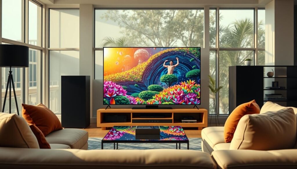 A vibrant, ultra-high-definition scene of a living room setup with a sleek, modern TV display showcasing a captivating live feed of a Brazilian television channel. The screen is filled with lush, colorful imagery, immersing the viewer in the rich culture and energy of Brazilian entertainment. In the foreground, a comfortable couch and coffee table create a cozy, inviting atmosphere, while the background features large windows allowing natural light to flood the space. The lighting is soft and warm, complementing the vibrant on-screen visuals. The overall composition conveys a sense of immersion and high-quality viewing experience, perfectly suited for the "Streaming Devices and Compatibility" section of the article.