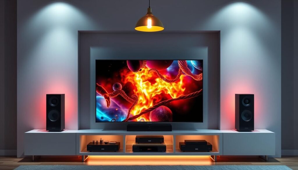 A visually striking 4K IPTV setup with a sleek modern TV screen displaying vibrant, high-definition video content. The screen is surrounded by a minimalist entertainment center featuring advanced digital components, each casting a soft glow. Overhead, a minimalist pendant light illuminates the scene with a warm, cinematic ambiance. The overall composition emphasizes the clarity, detail, and immersive experience of 4K IPTV, inviting the viewer to imagine the benefits of this cutting-edge home entertainment technology.