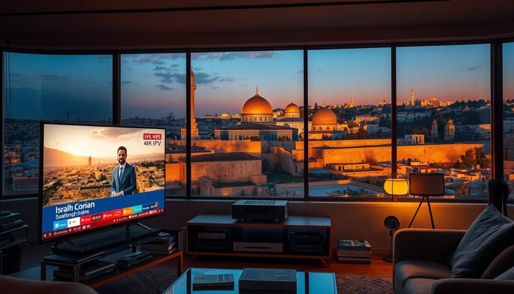 A visually striking 4K IPTV streaming scene showcasing the vibrant culture and landscapes of Israel. In the foreground, a sleek smart TV displays a crisp, high-definition feed of an Israeli news broadcast, its screen illuminated by warm, diffused lighting. The middle ground features an elegant entertainment system with state-of-the-art streaming hardware, surrounded by books and decor that evoke the distinct Israeli aesthetic. In the background, panoramic windows reveal the stunning vistas of Jerusalem, with the iconic Dome of the Rock and other historic landmarks visible in the distance, bathed in the golden glow of the setting sun. The overall composition conveys a sense of immersion, quality, and the joyful accessibility of cutting-edge Israeli content.