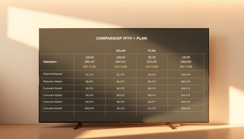 A visually striking comparison of IPTV subscription plans, showcasing a clean and minimalist layout. A large central grid displays the key details of each plan, such as channel selection, resolution, concurrent streams, and pricing. The grid is framed by elegant line art, with subtle gradient backgrounds in complementary hues. The overall aesthetic is modern and professional, emphasizing the high-quality 4K live IPTV experience for Chinese channels. Soft lighting from the side casts a warm glow, creating depth and dimensionality. The composition is balanced, with ample negative space to make the plan details the focal point.