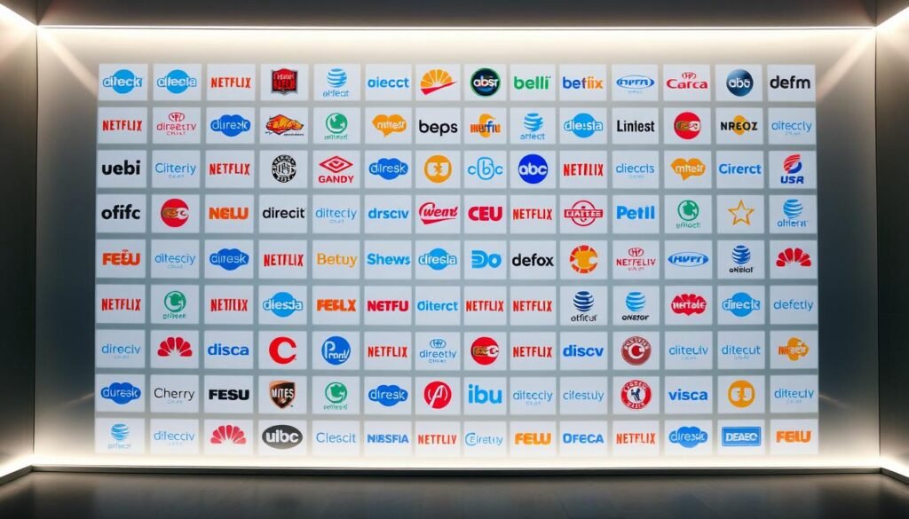 A visually striking grid of DirecTV Stream channel logos, meticulously arranged against a sleek, modern backdrop. The logos are rendered in vibrant, high-definition colors, conveying the breadth and quality of the channel offerings. The layout is clean and symmetrical, with a sense of balance and order, reflecting the comprehensive nature of the DirecTV Stream platform. The lighting is soft and diffused, creating a sophisticated and inviting atmosphere. The camera angle is slightly elevated, giving the viewer a sense of overview and control, as if surveying the full scope of the DirecTV Stream channel lineup.