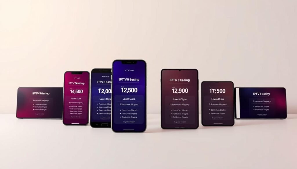 A visually stunning and informative image showcasing the various IPTV subscription plans available for Thai viewers. Set against a clean, minimalist background, a lineup of smartphone devices displays the different pricing tiers and service offerings. The devices are rendered in a sleek, modern style, reflecting the high-quality nature of the IPTV service. Subtle gradients and shadows add depth and realism to the scene, while a warm, inviting color palette evokes the vibrant culture of Thailand. The overall composition is both visually appealing and informative, providing a clear and concise representation of the IPTV pricing models for the target audience.